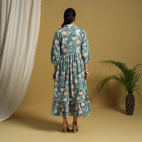 Buy Green Block Print Cotton Tiered Sanganeri Dress 