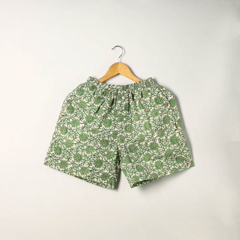  Green Block Print Cotton Unisex Sanganeri Shorts/Boxer