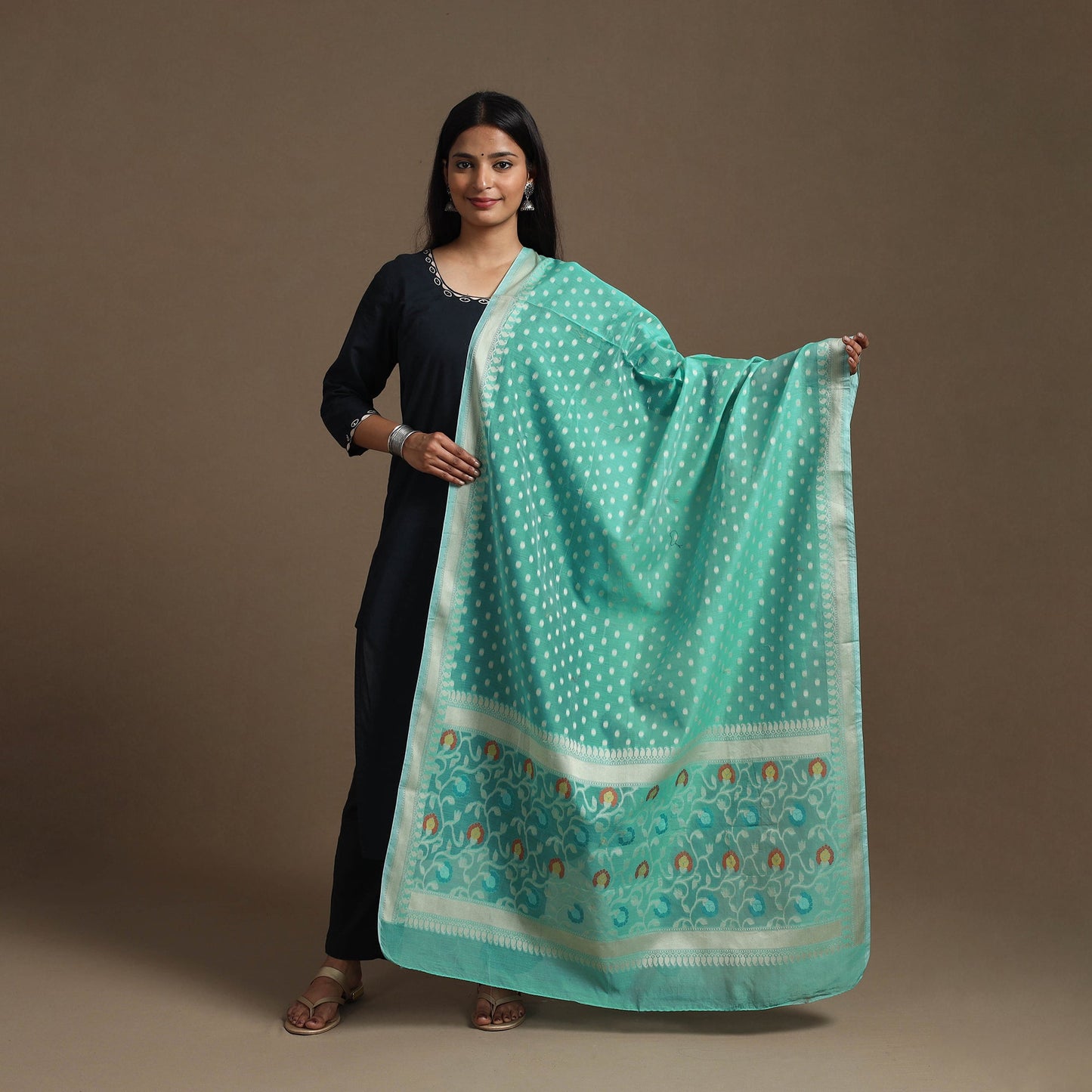 Buy Green Cutwork Buti Cotton Silk Banarasi Dupatta
