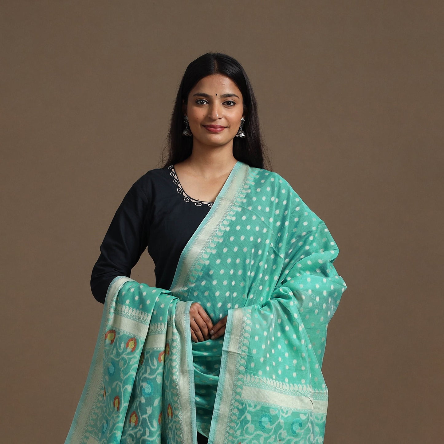 Buy Green Cutwork Buti Cotton Silk Banarasi Dupatta