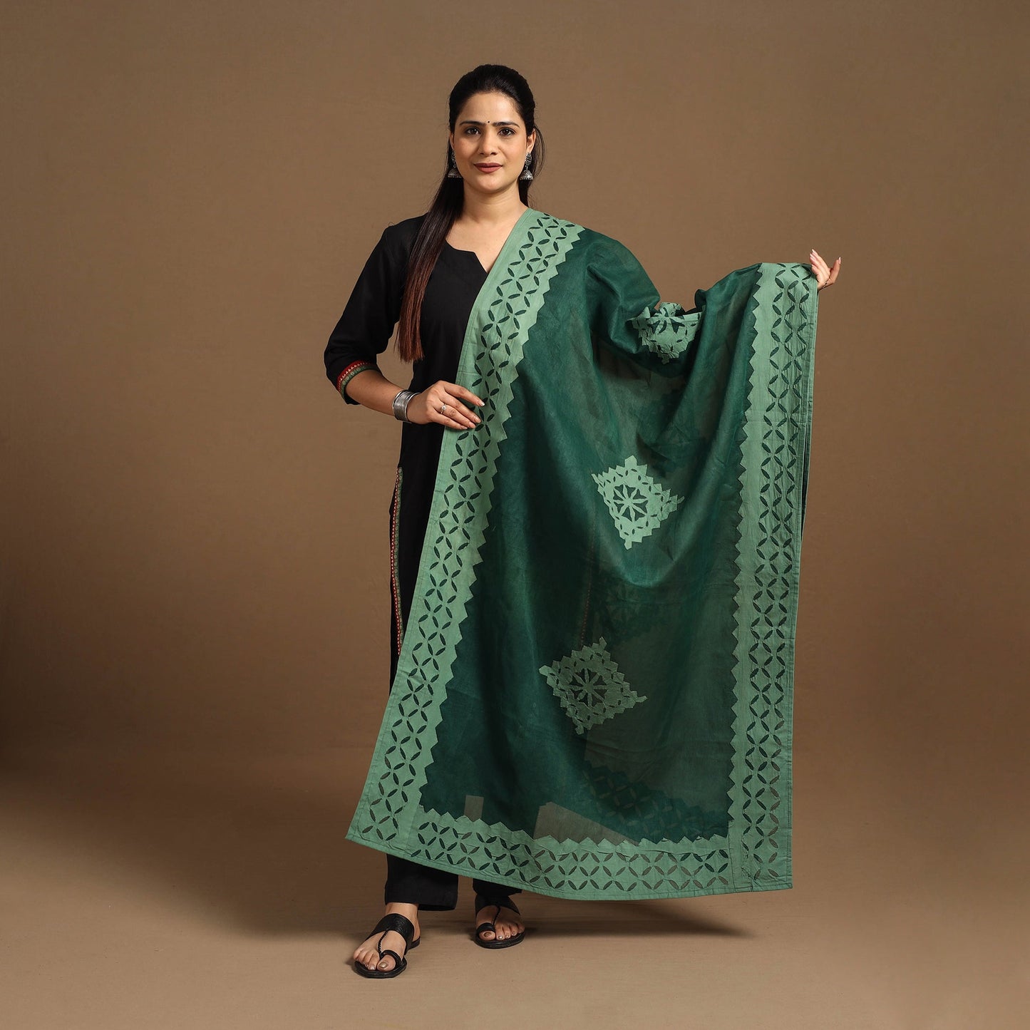 Buy Cutwork Cotton Green Barmer Applique Dupatta