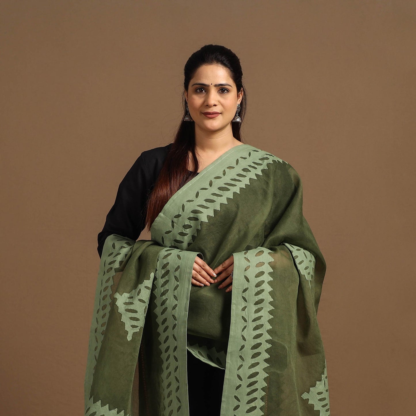 Buy Cutwork Cotton Green Barmer Applique Dupatta