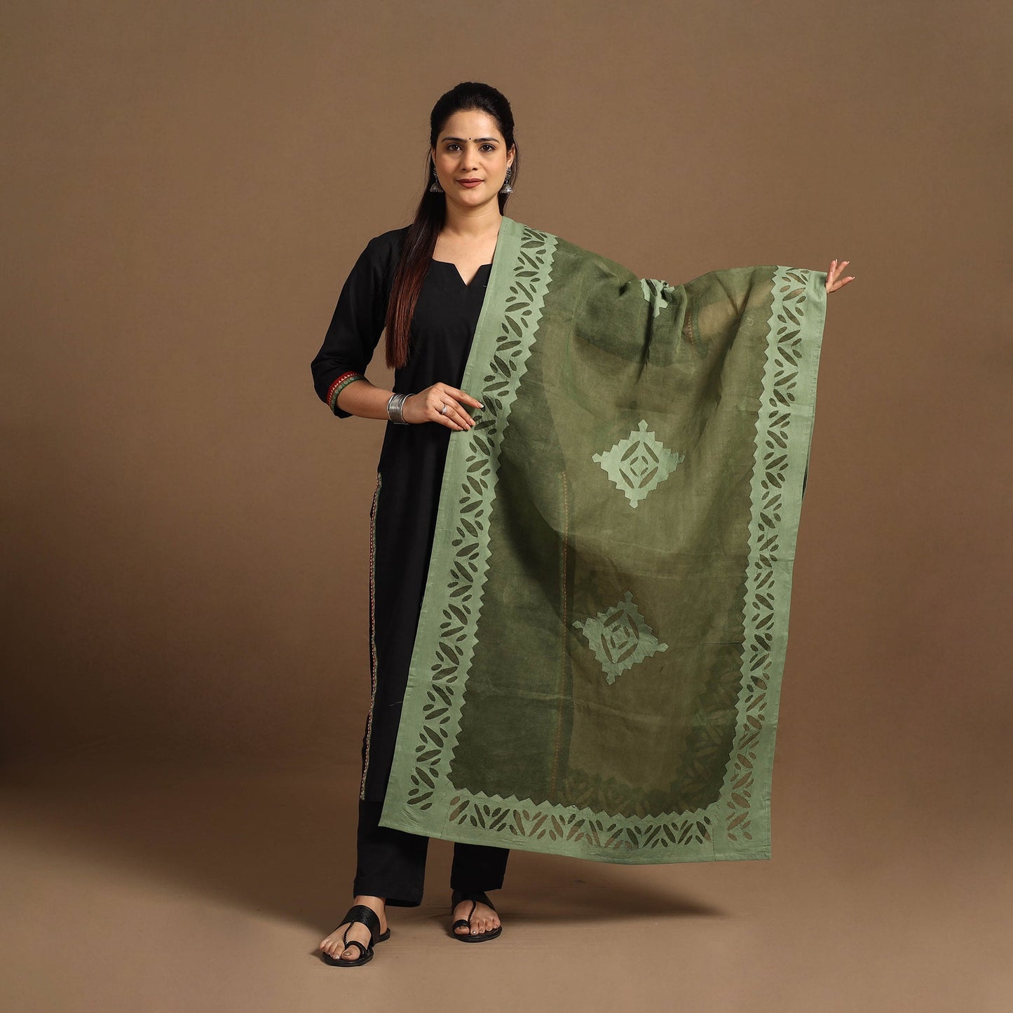 Buy Cutwork Cotton Green Barmer Applique Dupatta