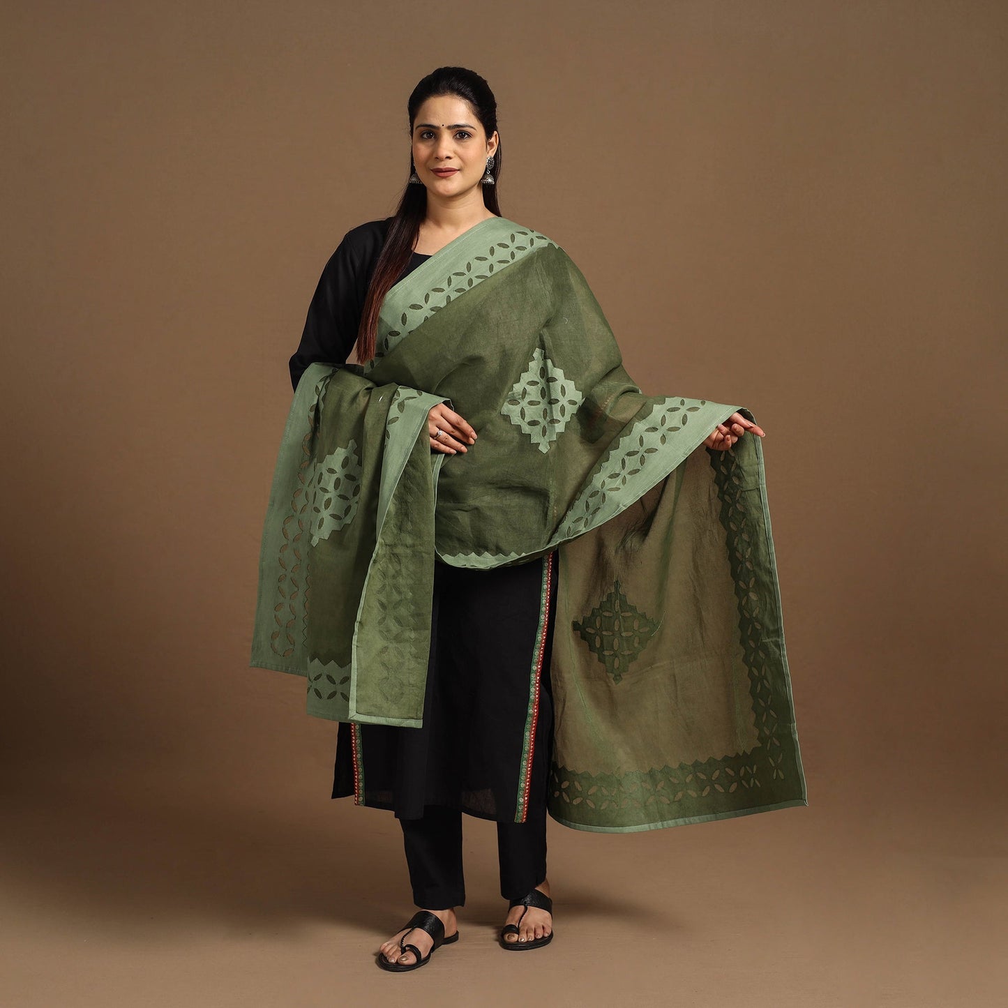 Buy Cutwork Cotton Green Barmer Applique Dupatta