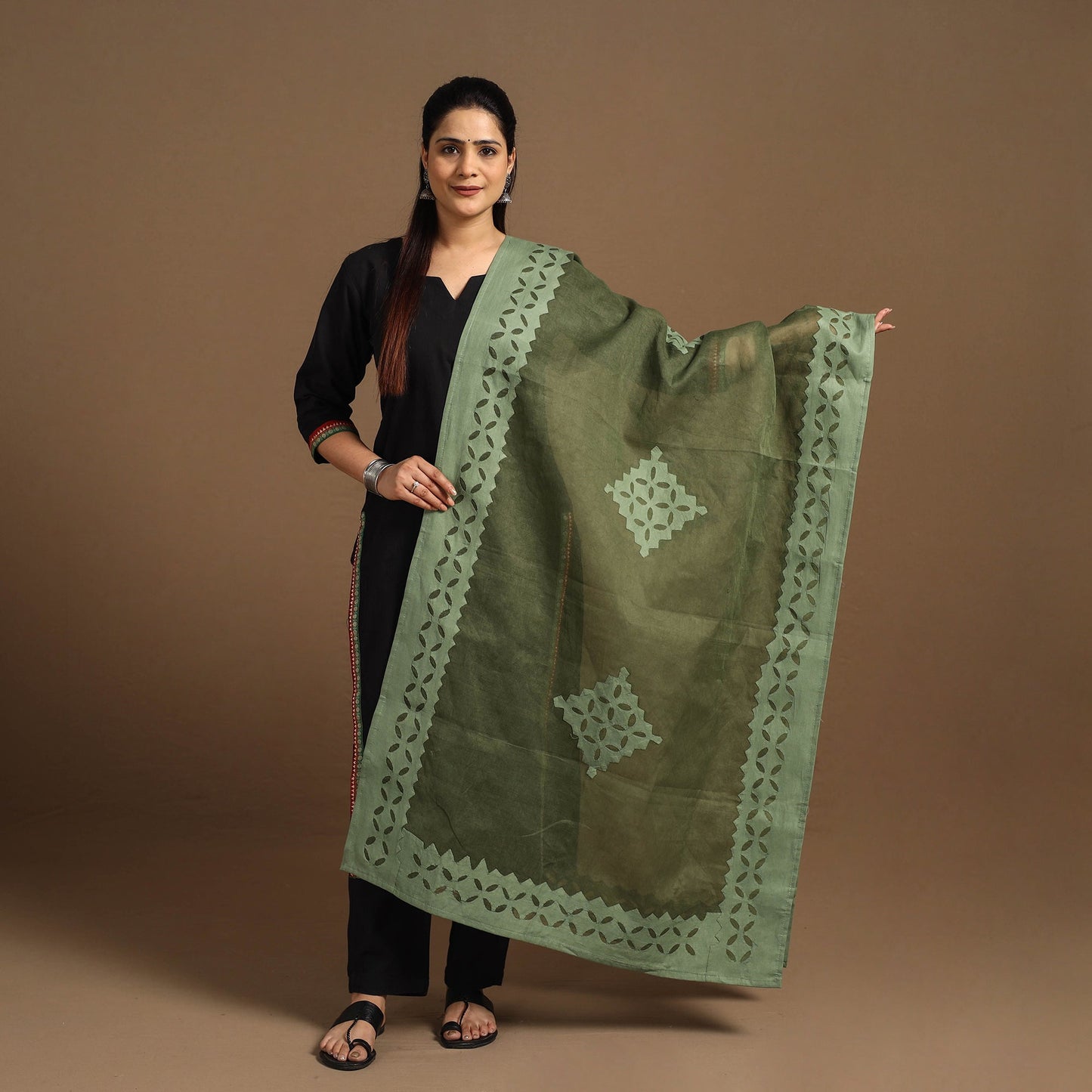 Buy Cutwork Cotton Green Barmer Applique Dupatta