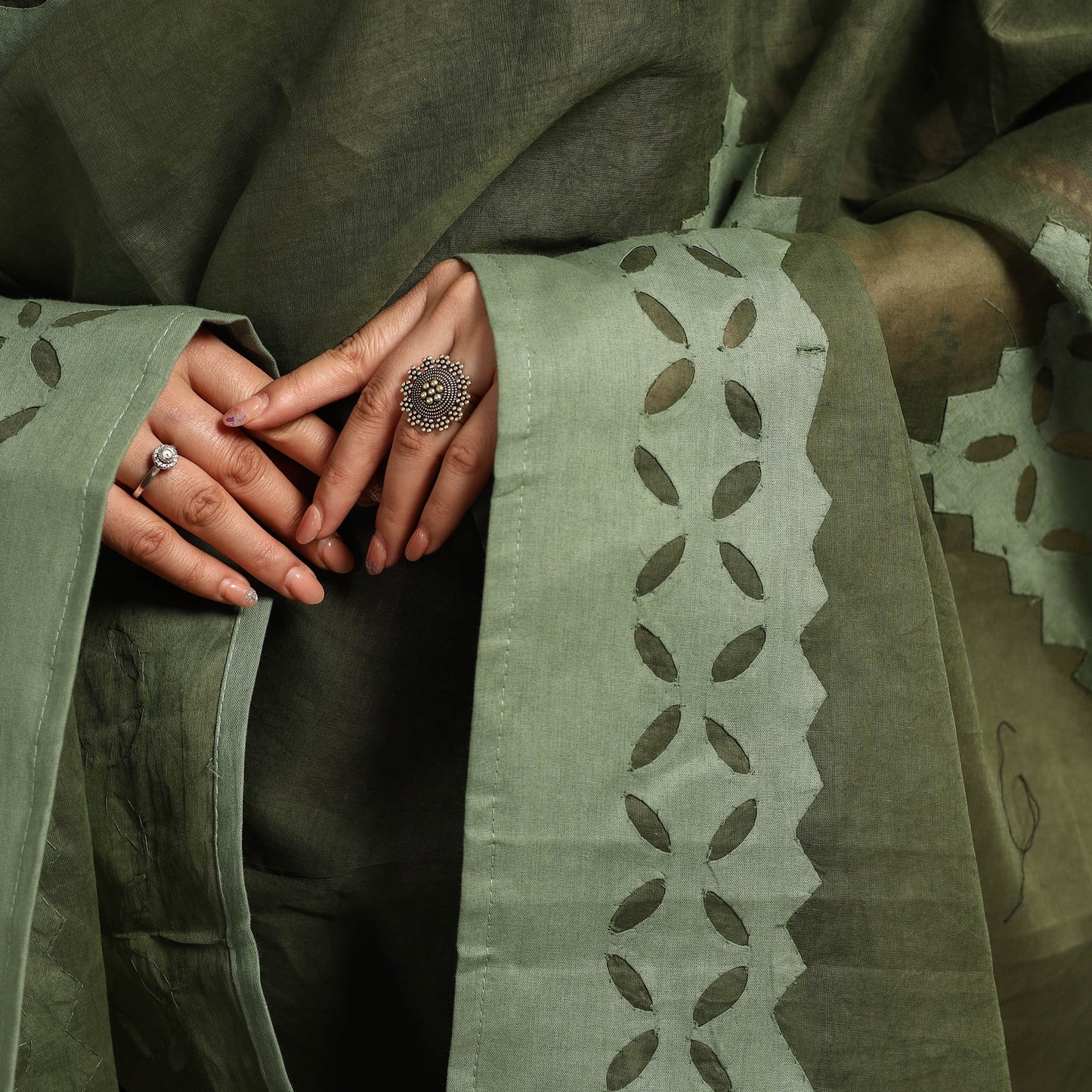 Buy Cutwork Cotton Green Barmer Applique Dupatta