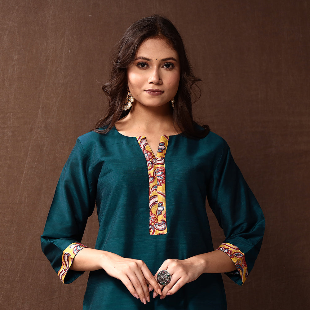 Buy Dark Cyan Silk Plain Long Kurta Online l iTokri.com