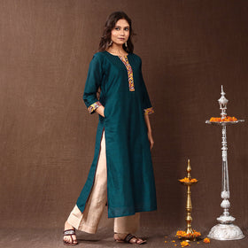 Buy Dark Cyan Silk Plain Long Kurta Online l iTokri.com
