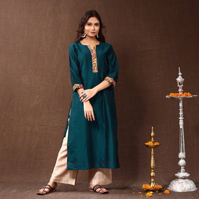 Buy Dark Cyan Silk Plain Long Kurta Online l iTokri.com