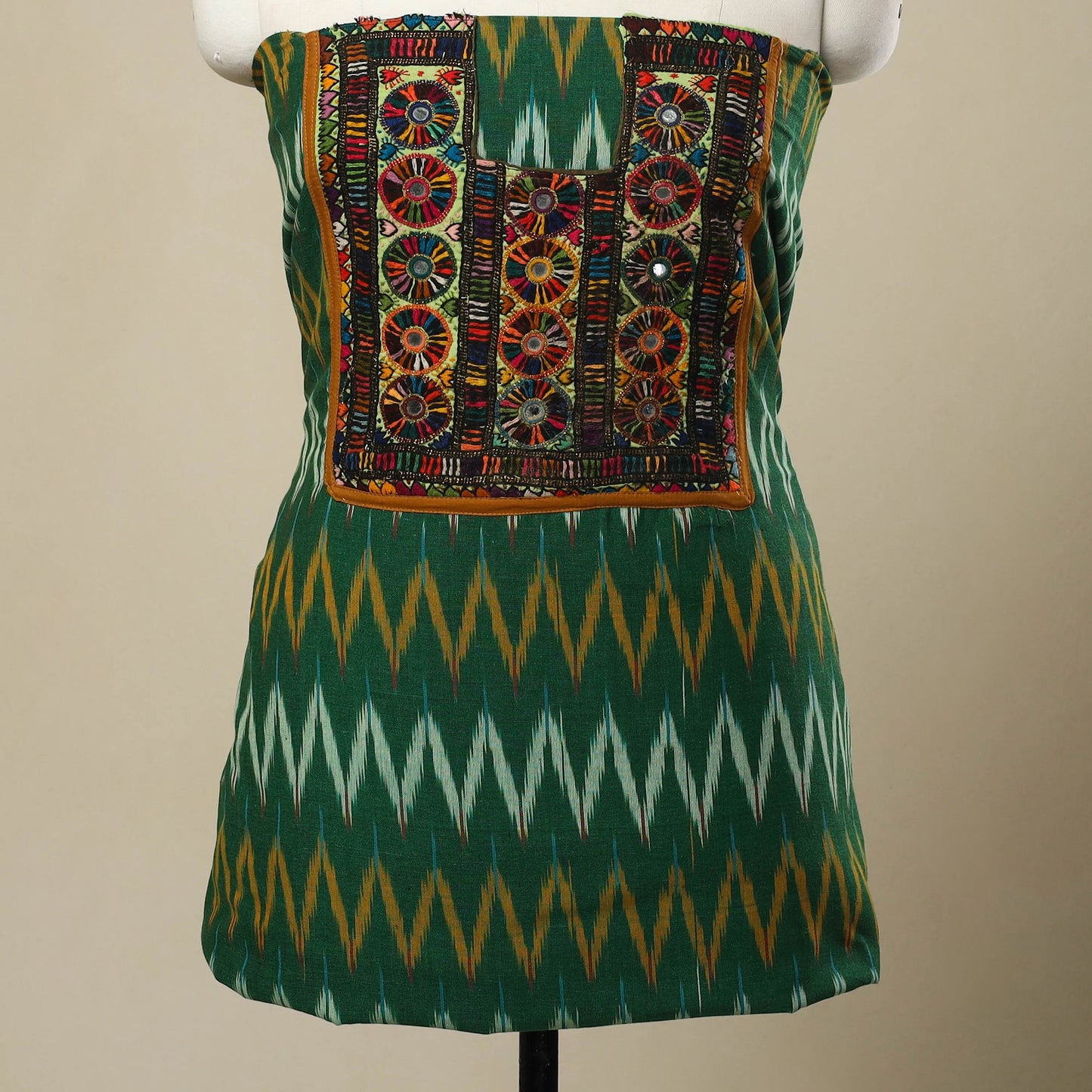 Buy Green Desert Thread Embroidery Ikat Kurta Material