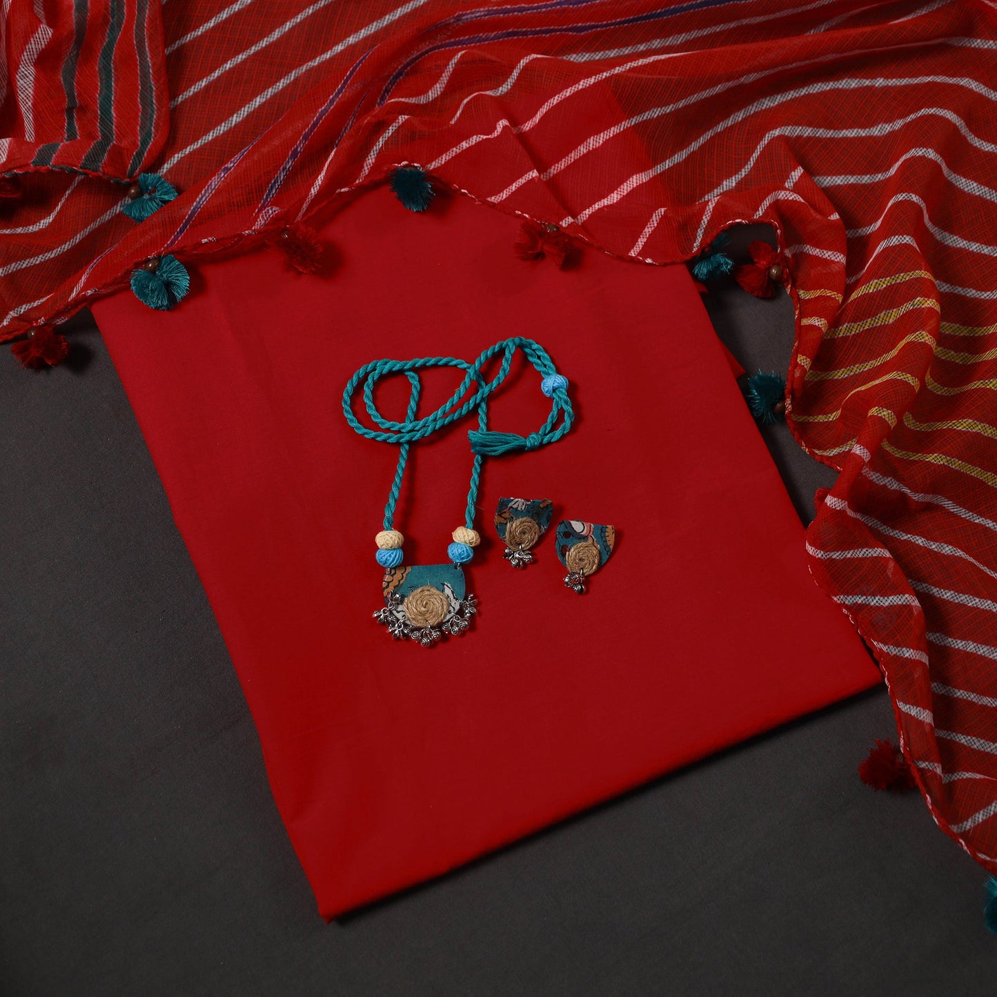 Green Designer! Block Print Cotton Dress Material with Jewellery Set