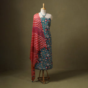 Green Designer! Block Print Cotton Dress Material with Jewellery Set