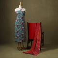 Green Designer! Block Print Cotton Dress Material with Jewellery Set