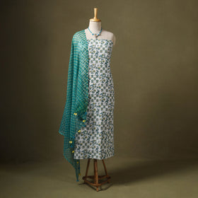 Green Designer! Block Print Cotton Dress Material with Jewellery Set