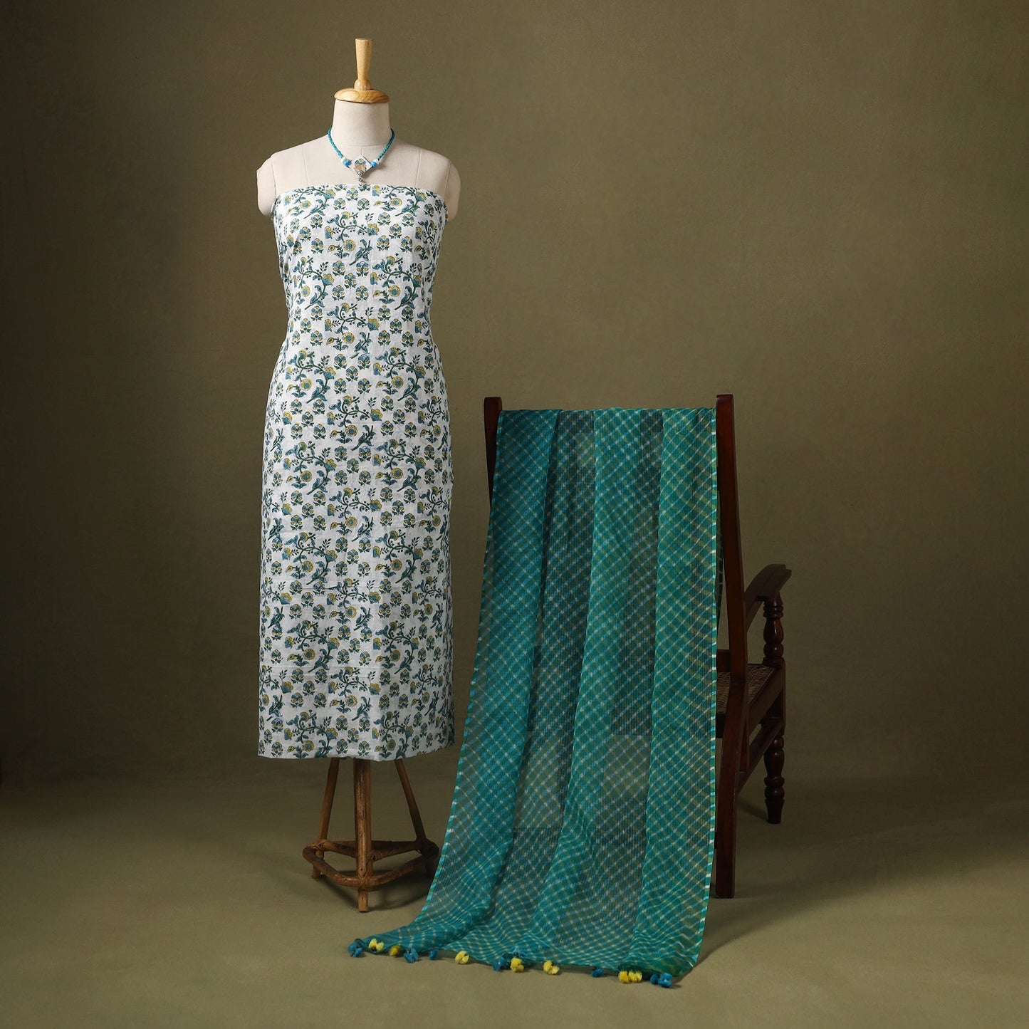 Green Designer! Block Print Cotton Dress Material with Jewellery Set
