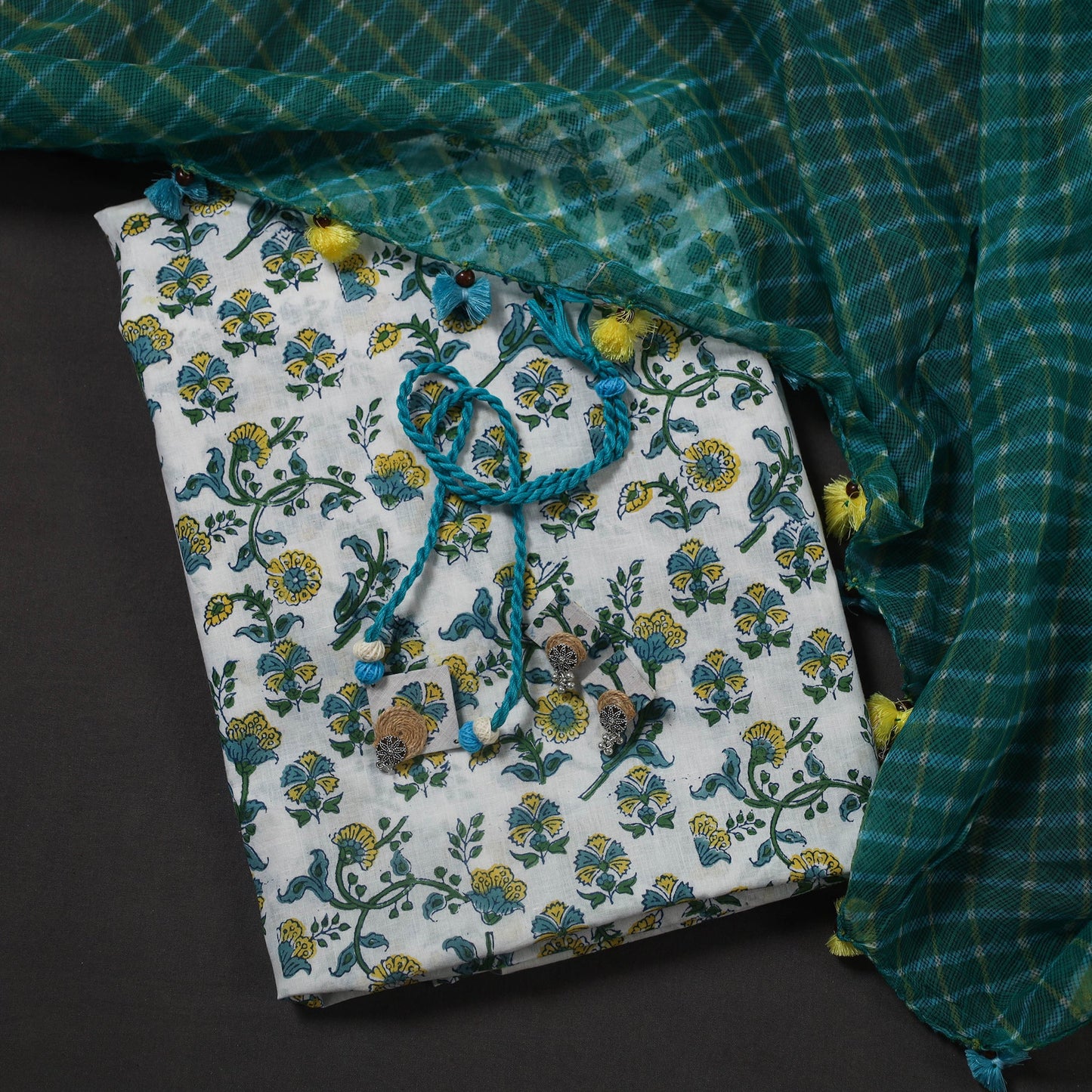 Green Designer! Block Print Cotton Dress Material with Jewellery Set