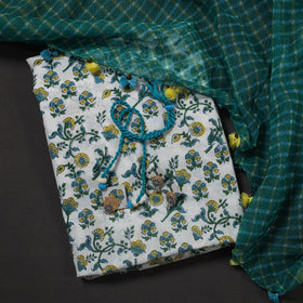 Green Designer! Block Print Cotton Dress Material with Jewellery Set