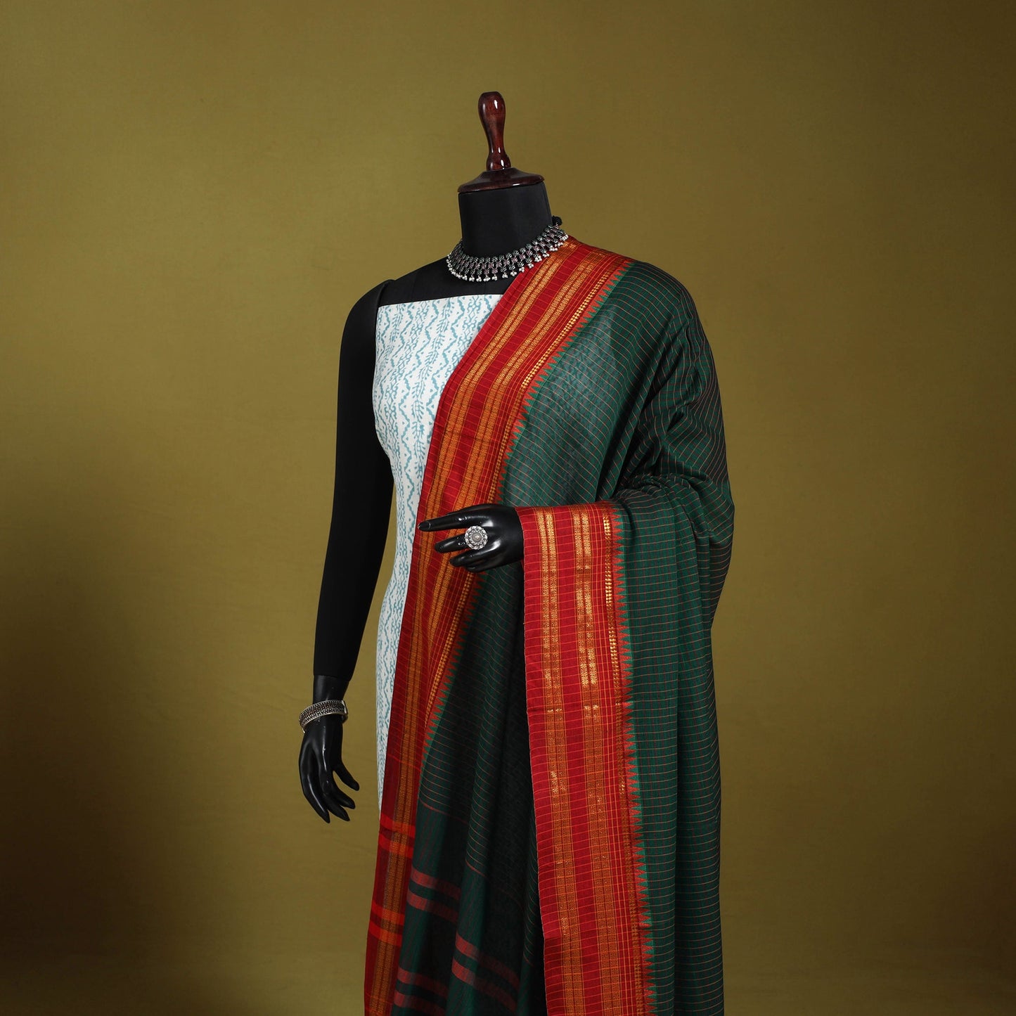 Green - dharwad cotton dupatta with zari border 04