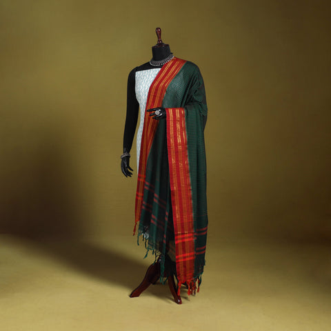 Green - dharwad cotton dupatta with zari border 04