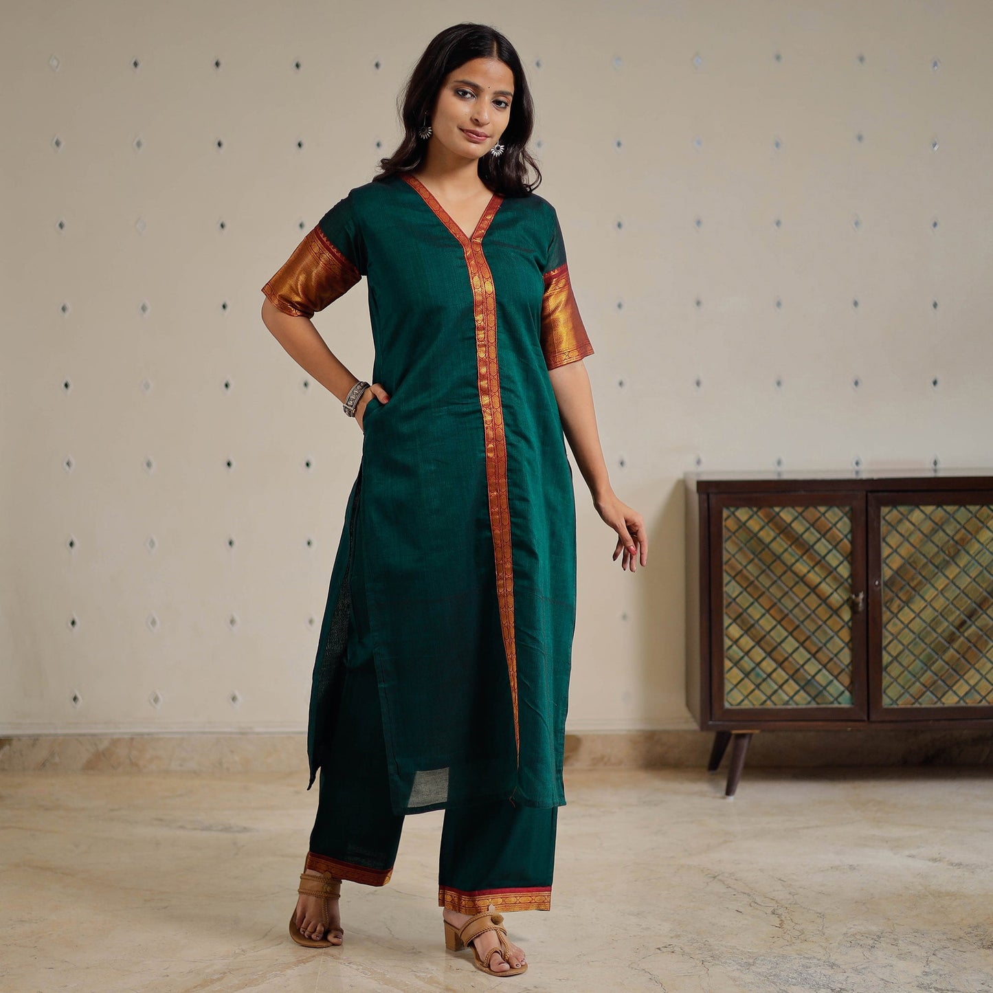 Green - Dharwad Cotton Kurta with Palazzo & Dupatta Set 24