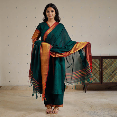 Green - Dharwad Cotton Kurta with Palazzo & Dupatta Set 24