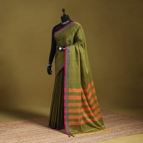 Green - dharwad cotton saree with border 23 - handcrafted