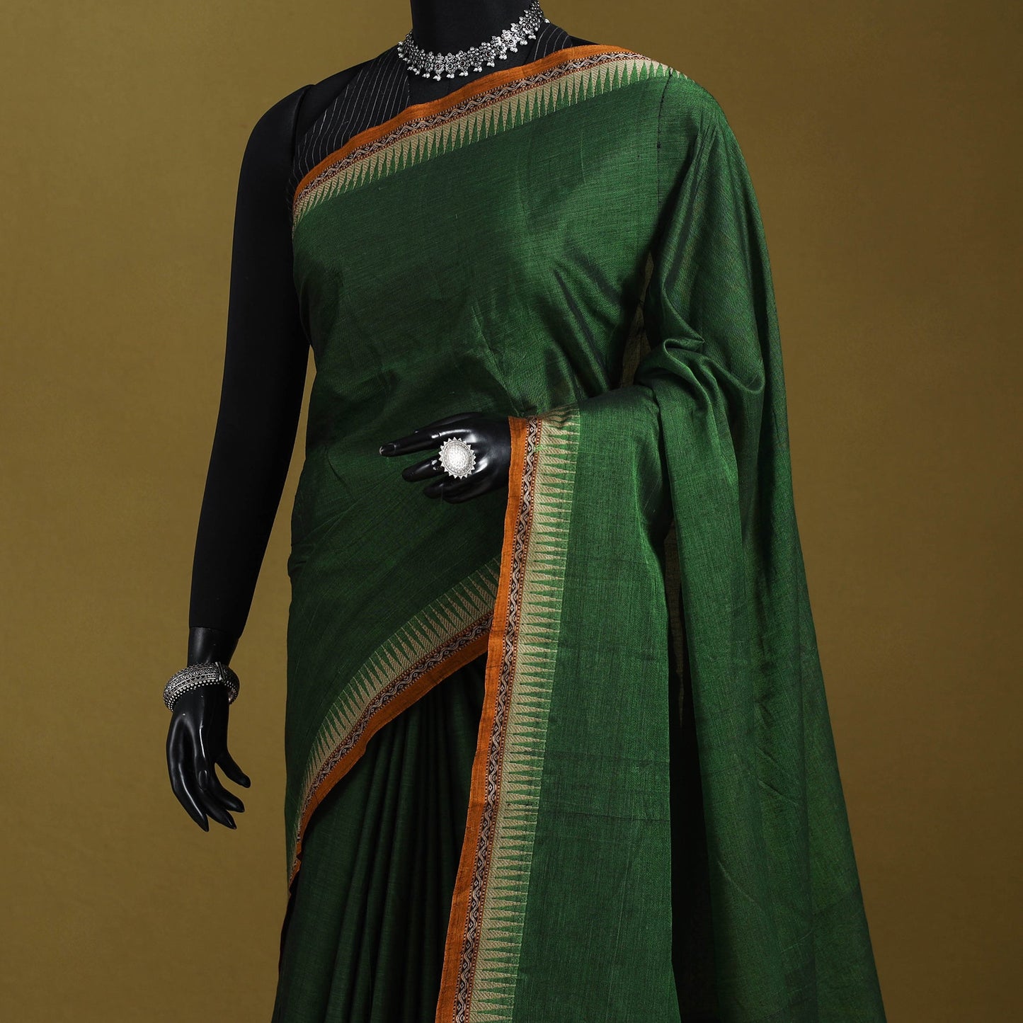 Green - dharwad cotton saree with border 56 - handcrafted