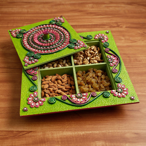  Diwali Decor Green Handpainted Wooden Dry Fruit Box