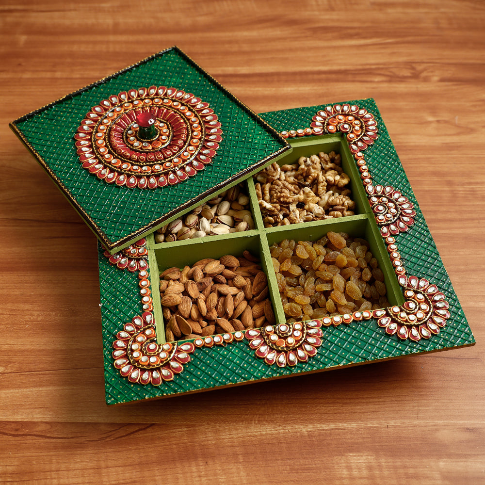  Diwali Decor Handpainted Green Wooden Dry Fruit Box 