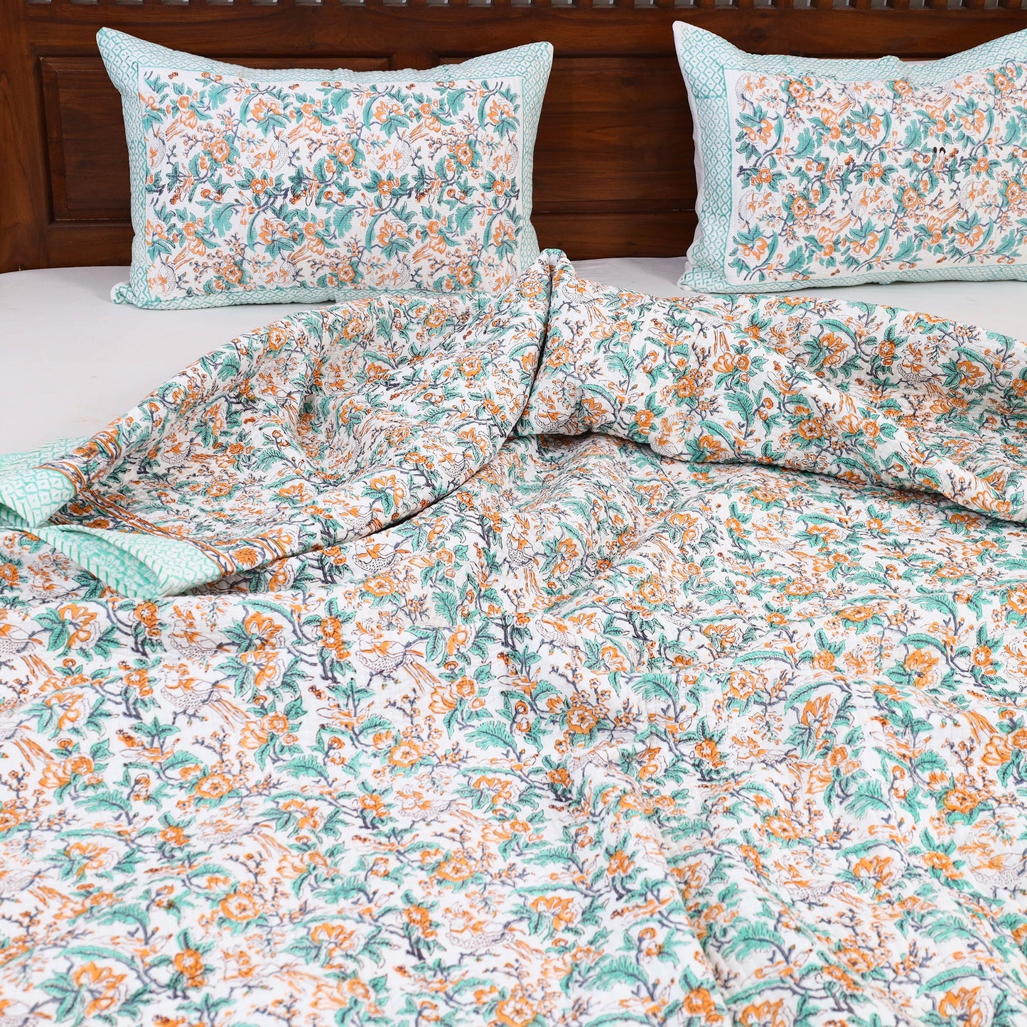 Green - Double - Reversible Sanganeri Block Print Cotton Quilt Set 02