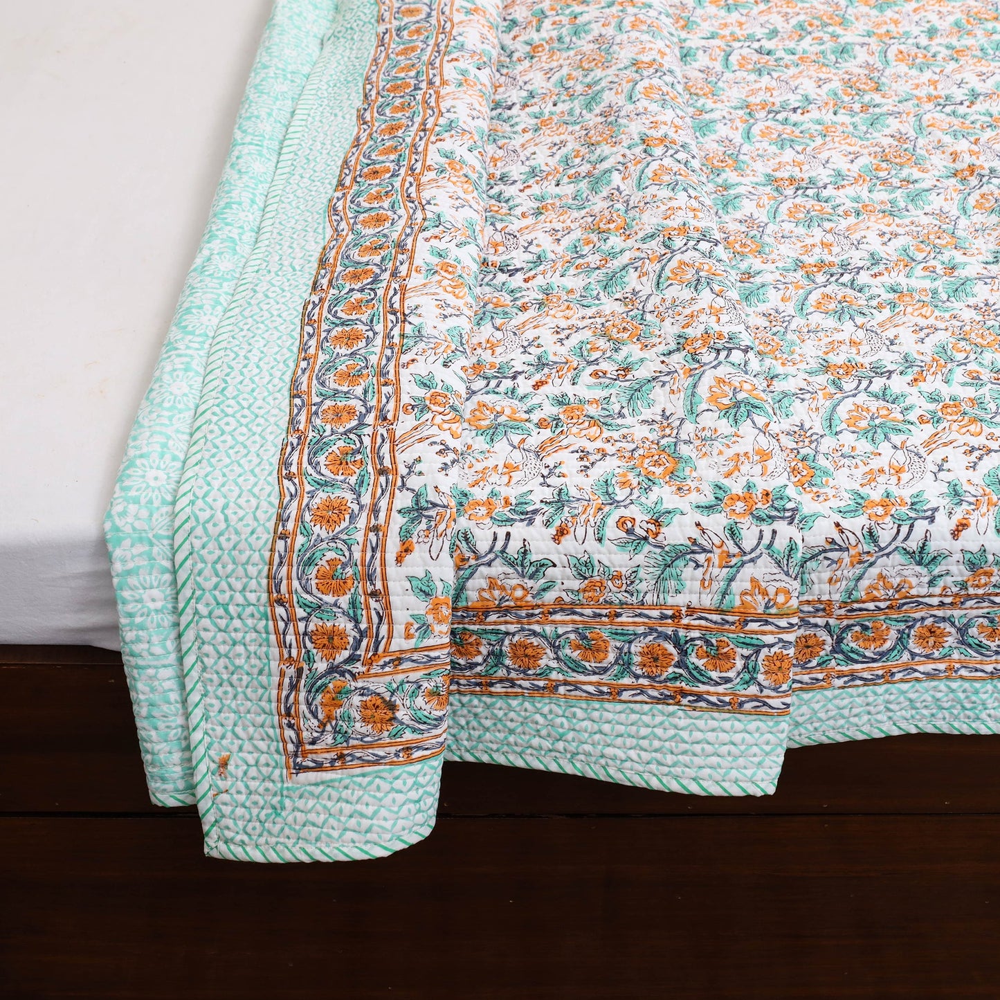 Green - Double - Reversible Sanganeri Block Print Cotton Quilt Set 02