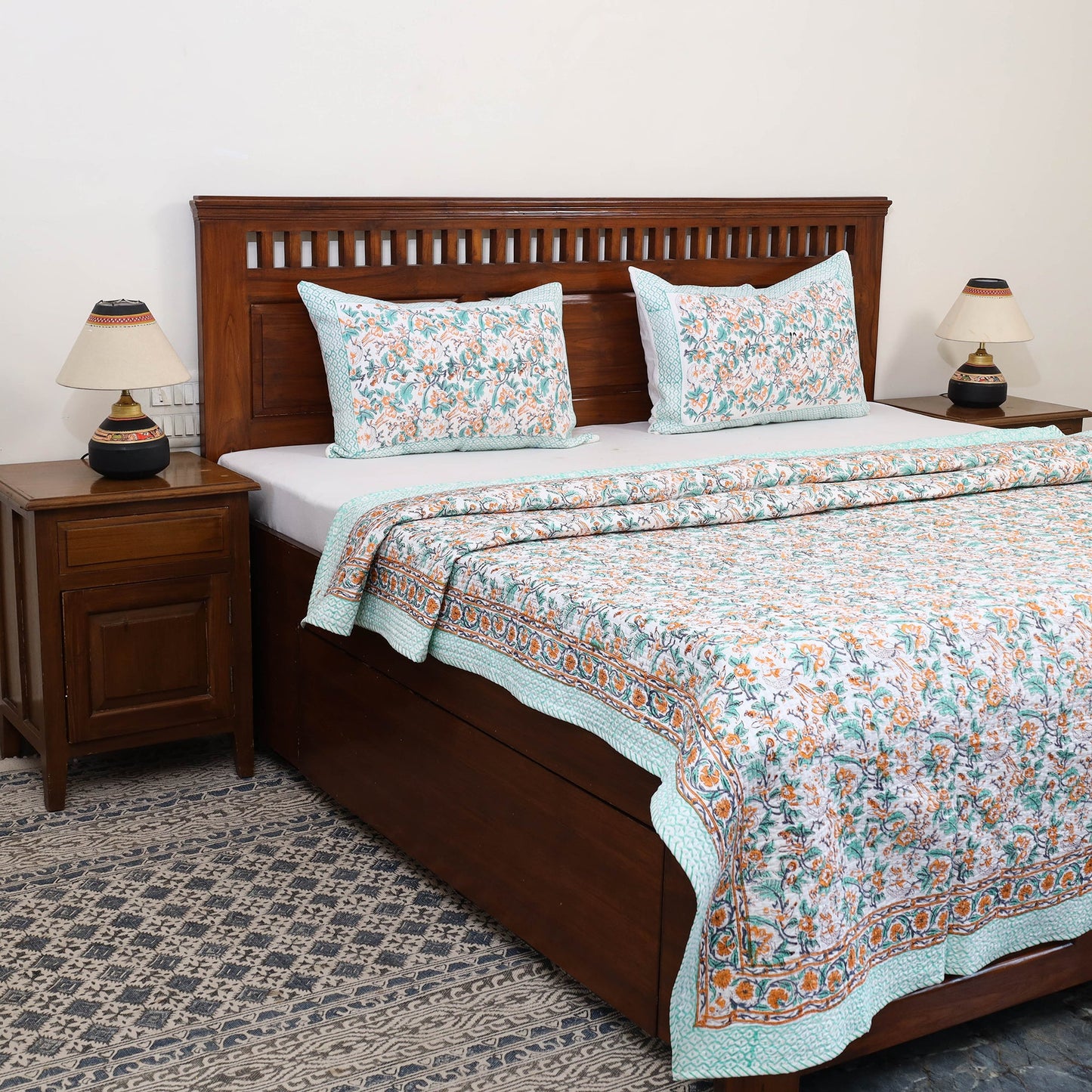Green - Double - Reversible Sanganeri Block Print Cotton Quilt Set 02