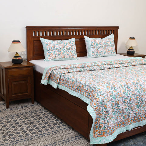 Green - Double - Reversible Sanganeri Block Print Cotton Quilt Set 02