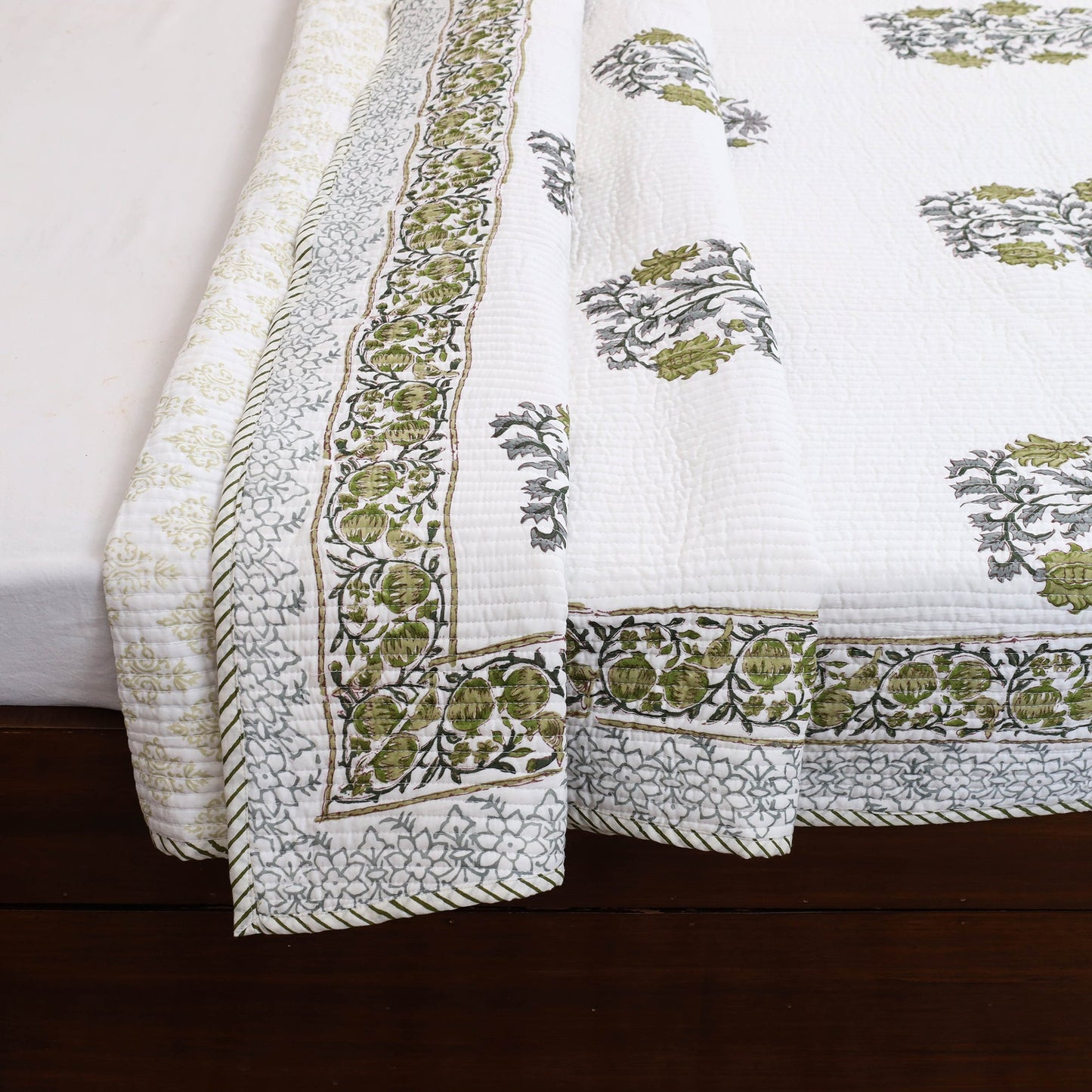 Green - Double - Reversible Sanganeri Block Print Cotton Quilt Set 08