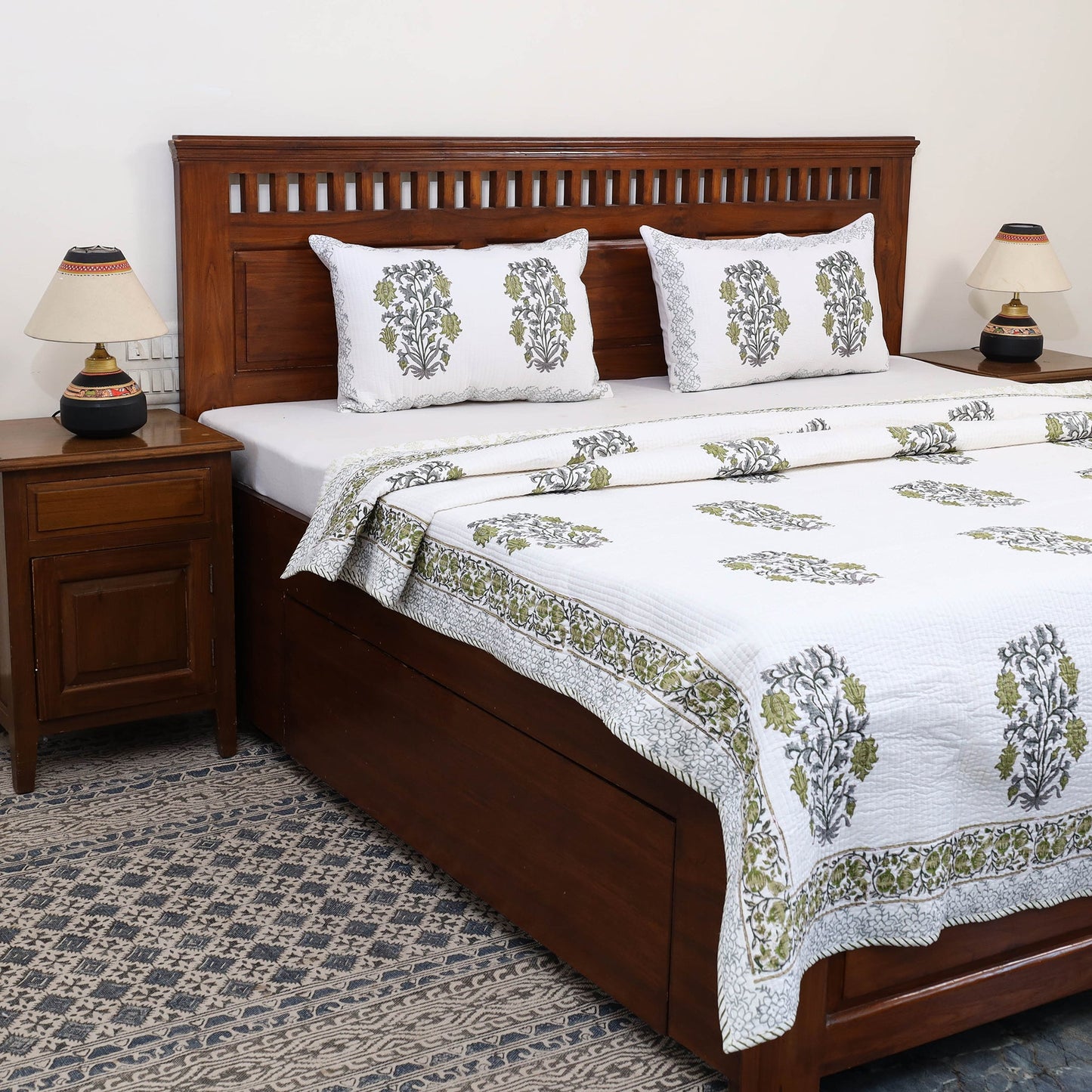 Green - Double - Reversible Sanganeri Block Print Cotton Quilt Set 08