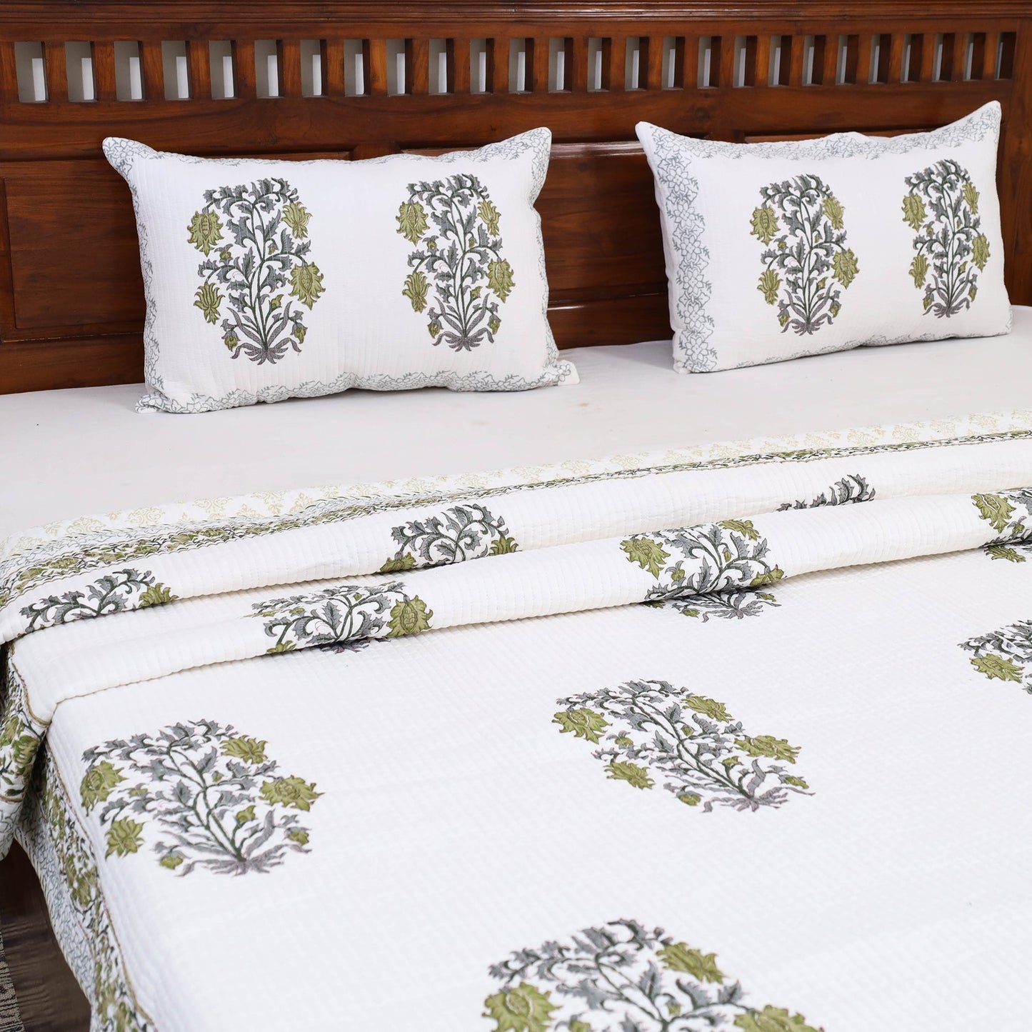 Green - Double - Reversible Sanganeri Block Print Cotton Quilt Set 08