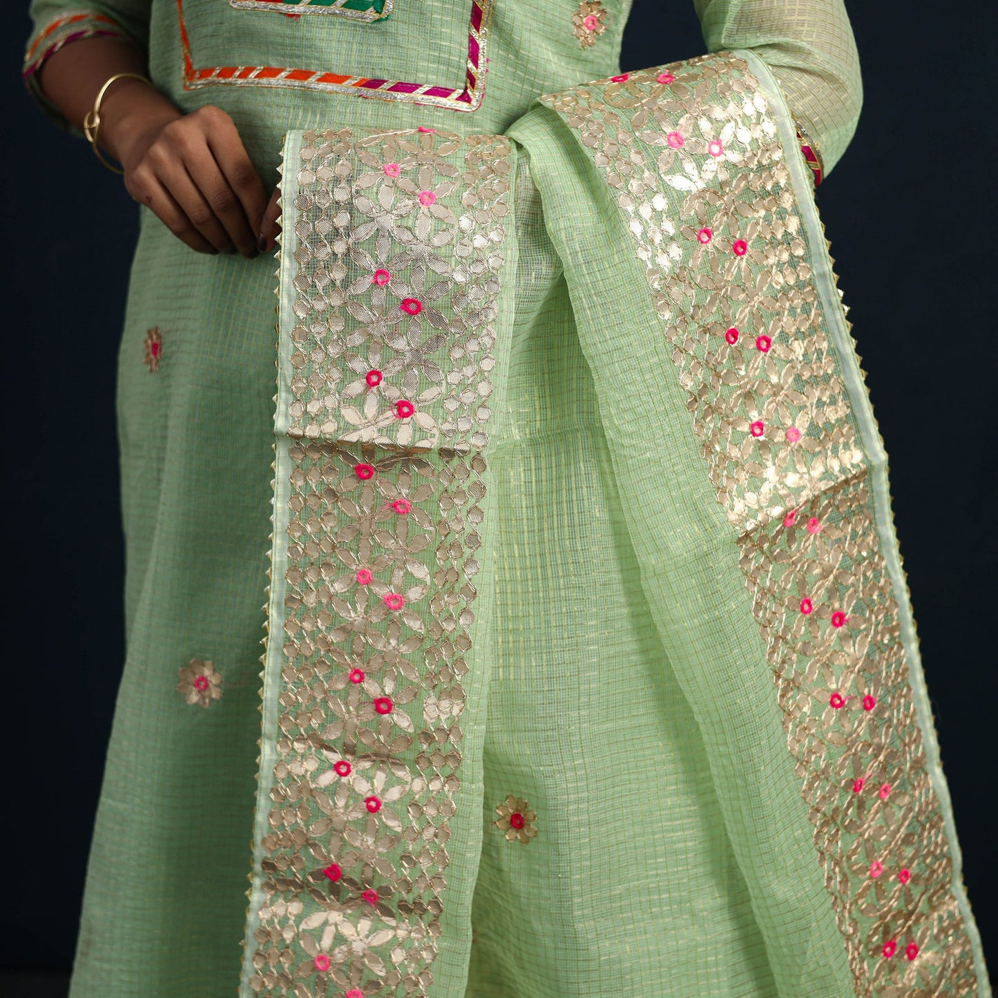 Green Elegant Gota Work Silk Kota Doria Kurta Set 