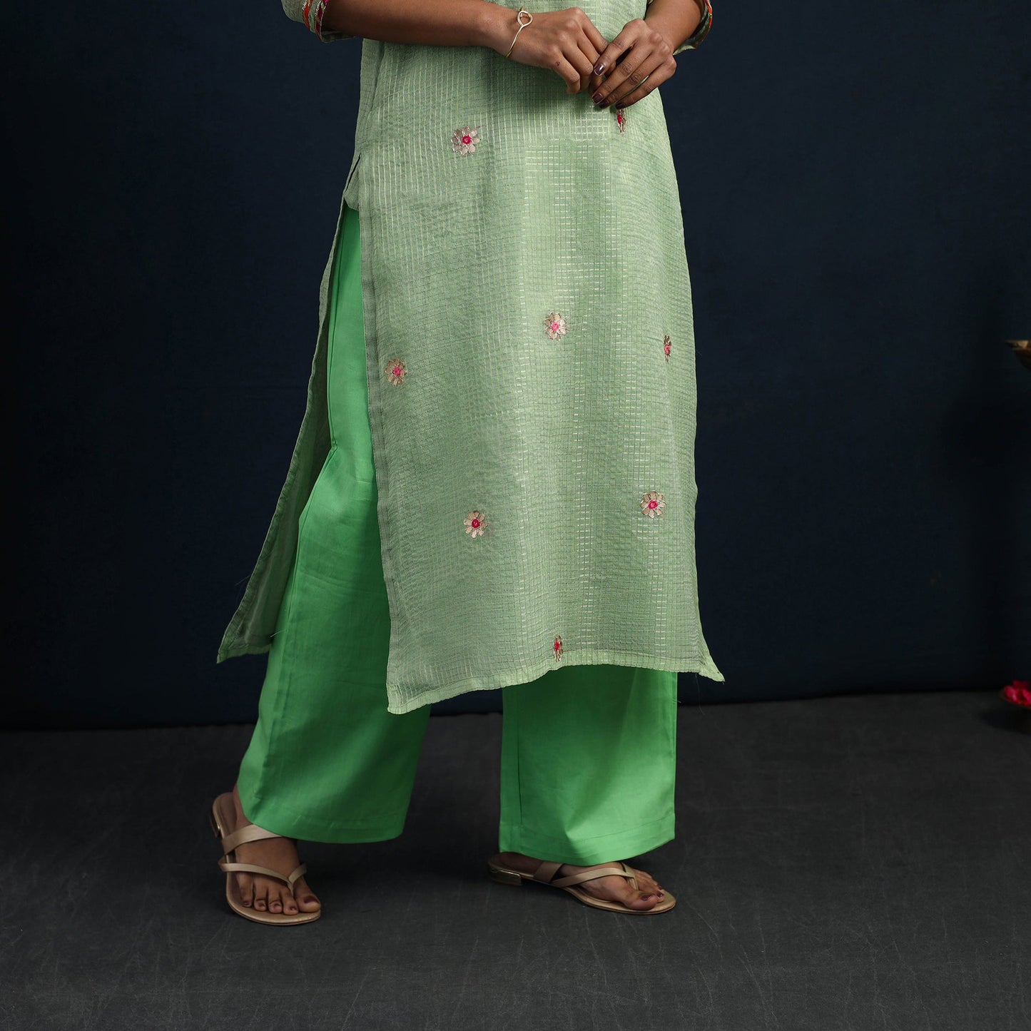 Green Elegant Gota Work Silk Kota Doria Kurta Set 