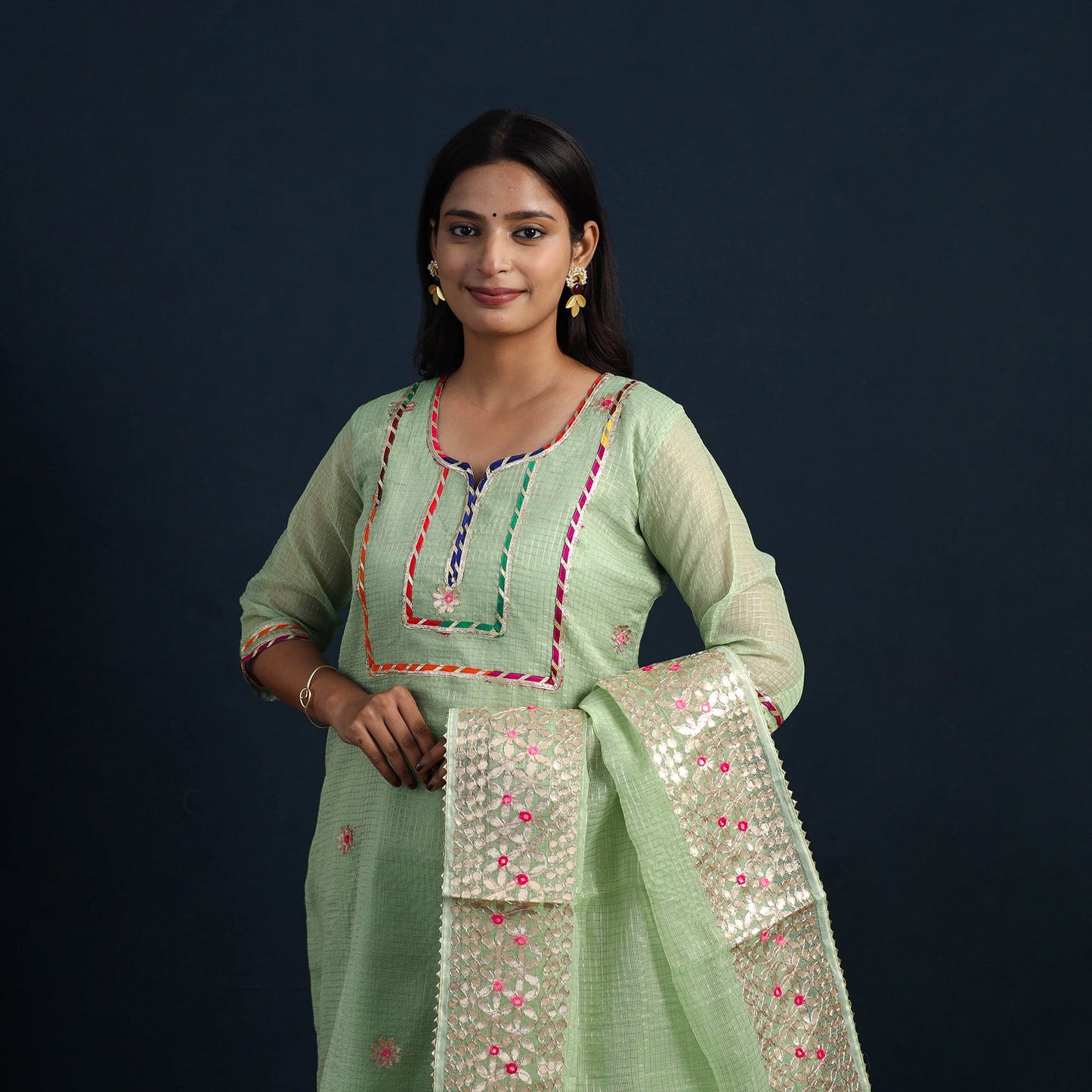 Green Elegant Gota Work Silk Kota Doria Kurta Set 