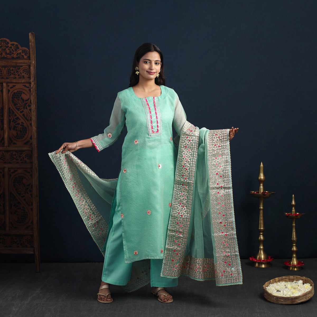 Green Elegant Gota Work Silk Kota Doria Kurta Set Online
