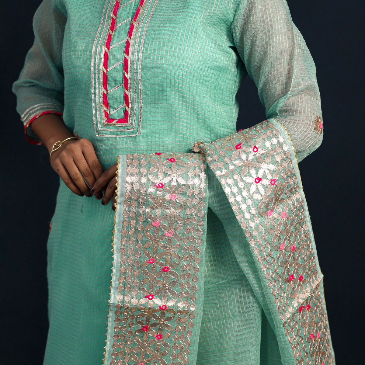 Green Elegant Gota Work Silk Kota Doria Kurta Set Online