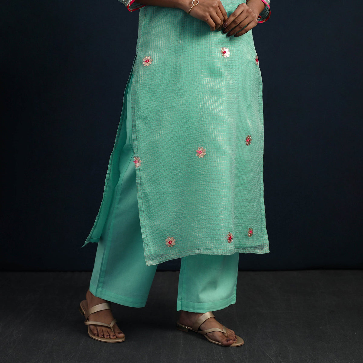 Green Elegant Gota Work Silk Kota Doria Kurta Set Online