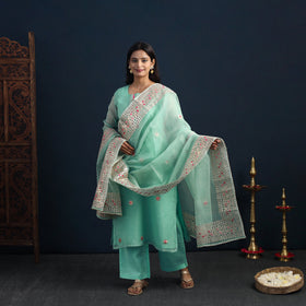 Green Elegant Gota Work Silk Kota Doria Kurta Set Online