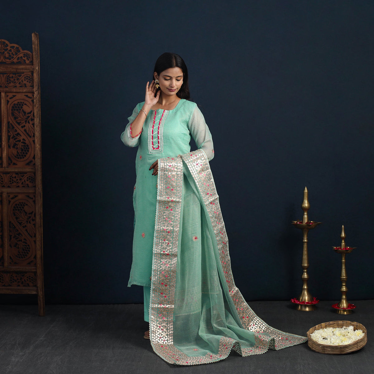 Green Elegant Gota Work Silk Kota Doria Kurta Set Online