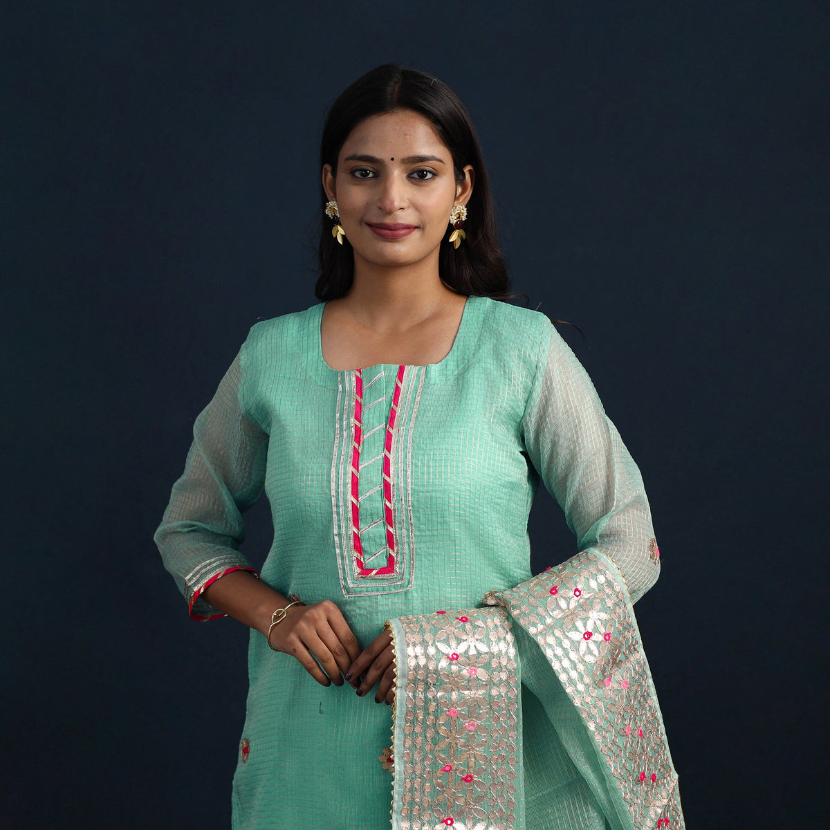 Green Elegant Gota Work Silk Kota Doria Kurta Set Online