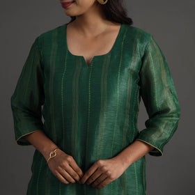  Green Elegant Linen Silk Handloom Plain Kurta Set
