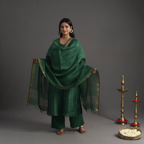  Green Elegant Linen Silk Handloom Plain Kurta Set