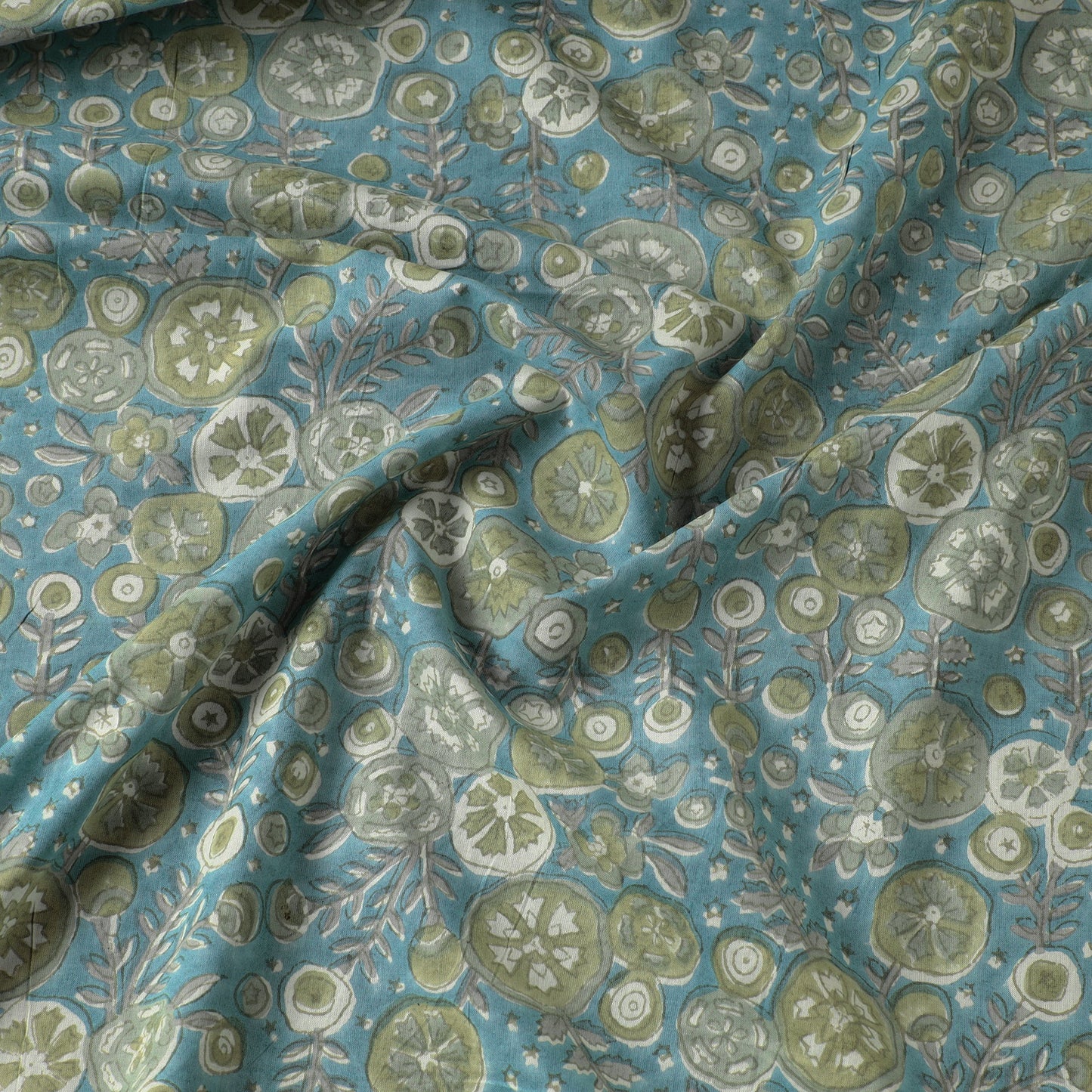 Buy Faded Greenish Florals Sanganeri Block Printed Cotton Fabric 