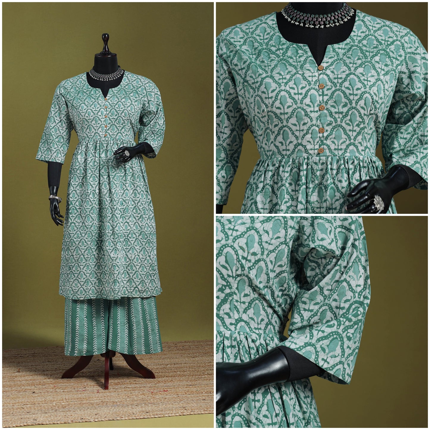 Green - flared cotton hand batik suit set (set of 2) 15