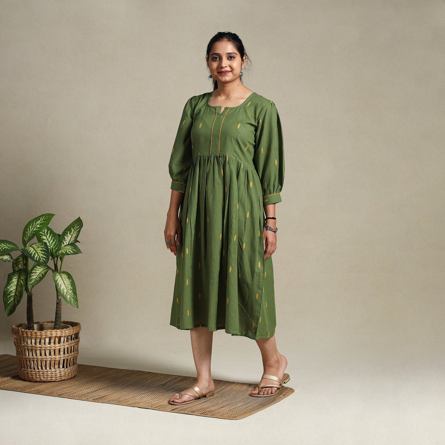 Grey Flared Cotton Jacquard Dress